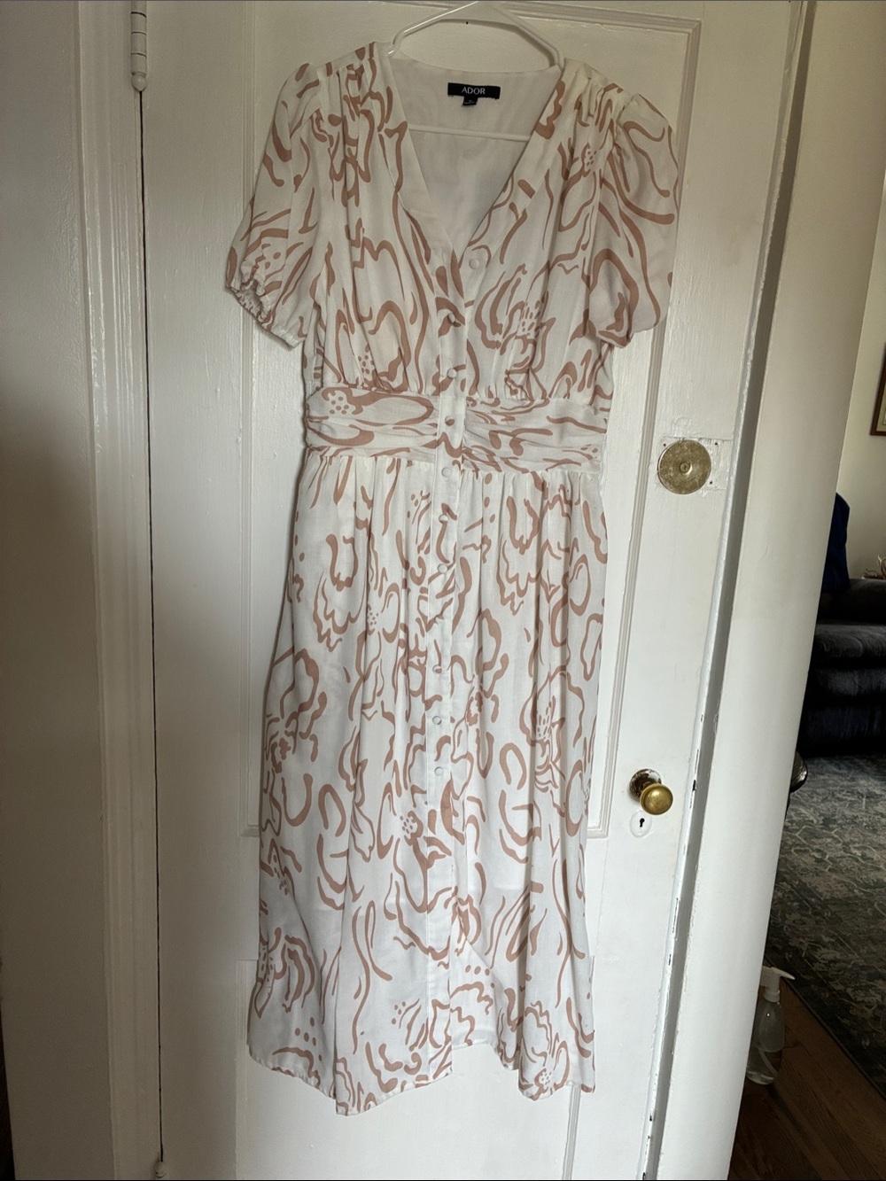 Adore Cream and Taupe Abstract V-Neck Midi Dress